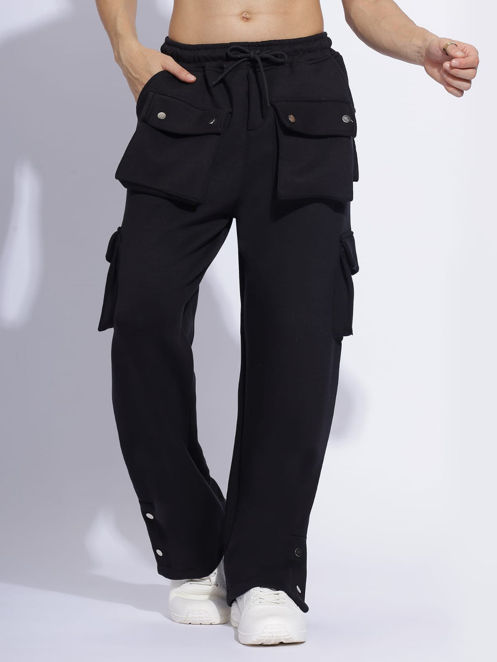 Heavy-Duty Black Cargo Pants with Snap-Button Detailing and Multi-Pocket Design