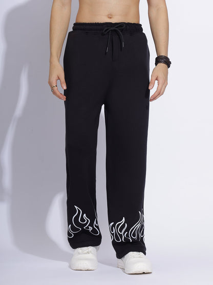 "Black Flame Print Joggers – Stylish Streetwear Pants with White Fire