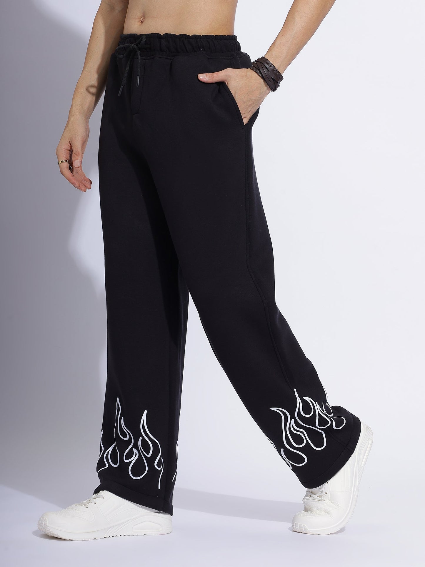 "Black Flame Print Joggers – Stylish Streetwear Pants with White Fire