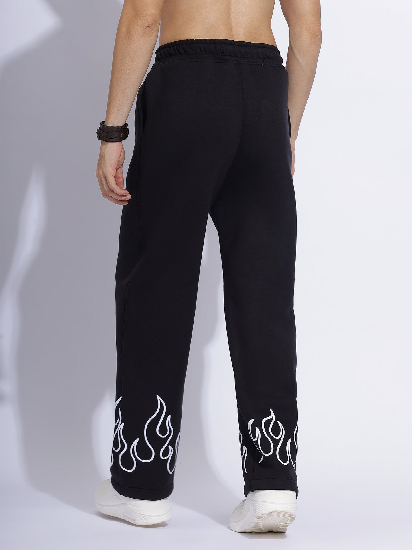 "Black Flame Print Joggers – Stylish Streetwear Pants with White Fire