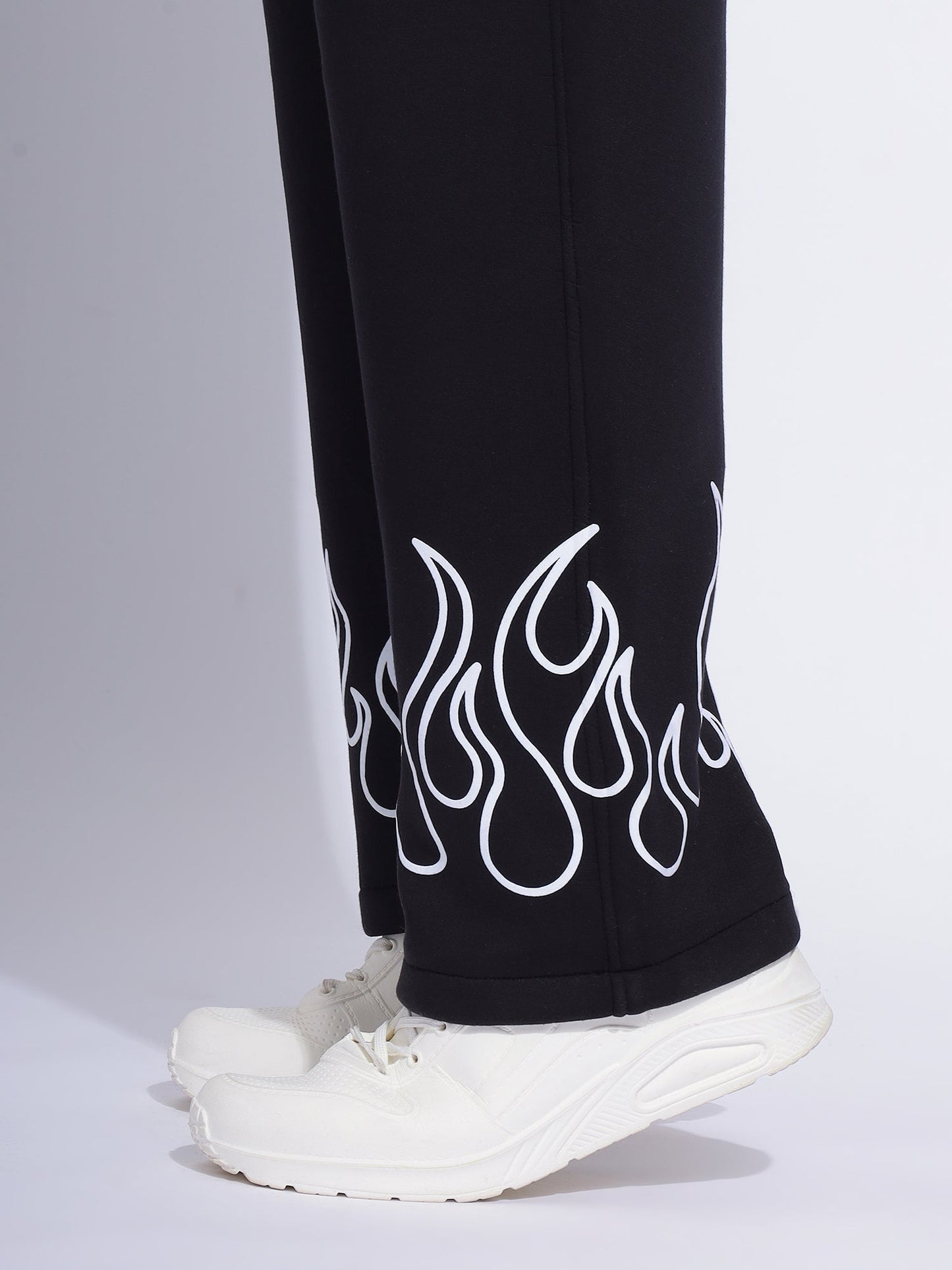 "Black Flame Print Joggers – Stylish Streetwear Pants with White Fire