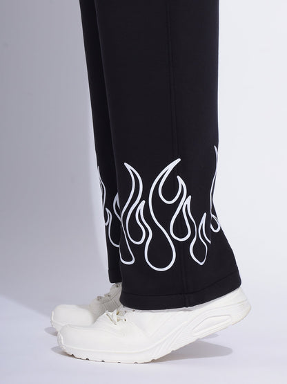 "Black Flame Print Joggers – Stylish Streetwear Pants with White Fire