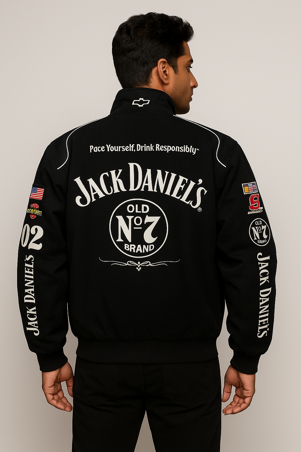 Jack Daniel’s Black Racing Jacket with White Stitching – Premium Bomber for Streetwear & Casual Wear