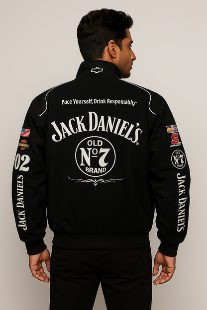 Jack Daniel’s Black Racing Jacket with White Stitching – Premium Bomber for Streetwear & Casual Wear