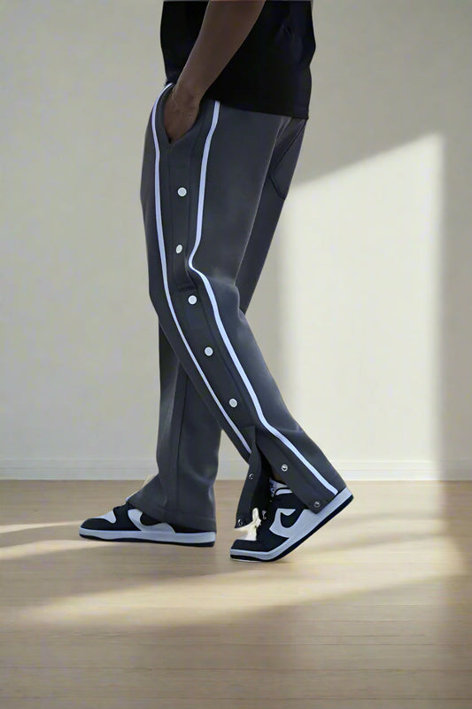 Men’s Snap Button Track Pants with Side Stripes – Retro Tearaway Style for Sports & Streetwear