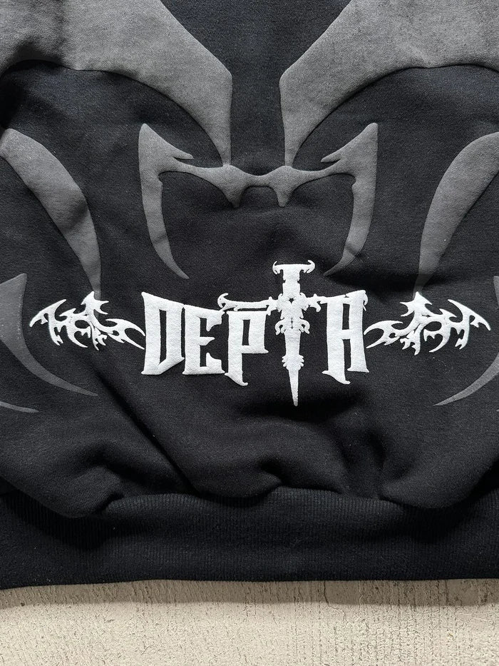 DEPTH delta Graphic Hoodie for Men & Women – Oversized Fit, Black Tribal Flame Design, and Sword Cross Emblem"