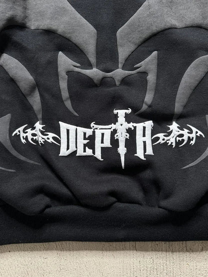 DEPTH delta Graphic Hoodie for Men & Women – Oversized Fit, Black Tribal Flame Design, and Sword Cross Emblem"