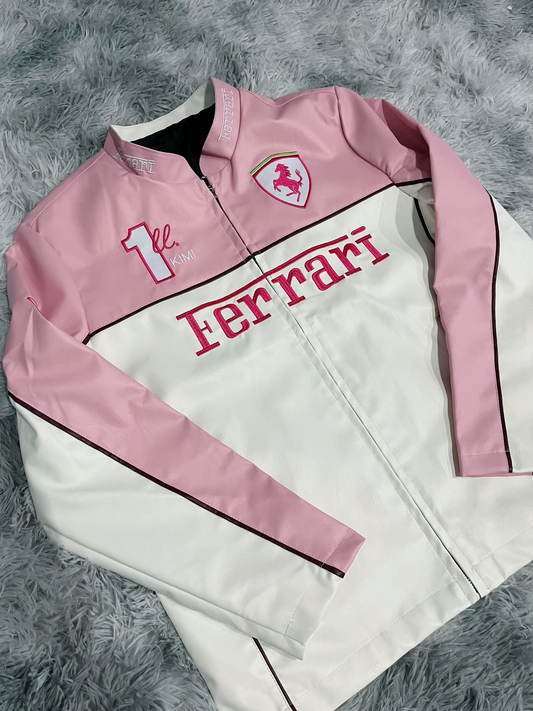 Model Wearing Limited Edition Pink Ferrari Jacket – Bold Streetwear Look