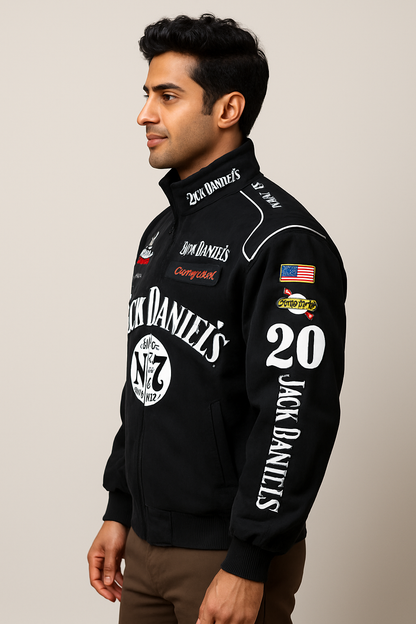 Jack Daniel’s Black Racing Jacket with White Stitching – Premium Bomber for Streetwear & Casual Wear