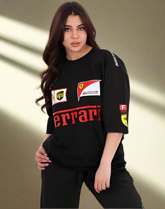 Premium Black Oversized Ferrari Racing T-Shirt with Scuderia Logos, UPS, Shell & Puma Branding – Unisex F1 Fan Apparel"