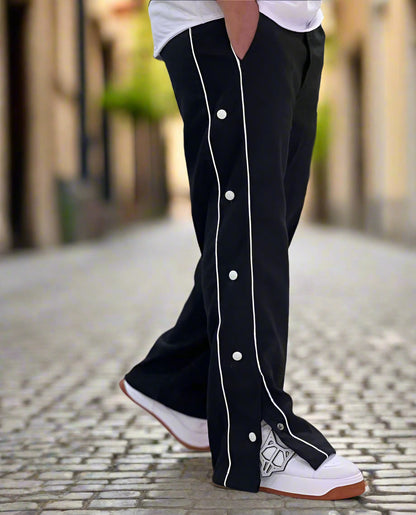 Men’s Snap Button Track Pants with Side Stripes – Retro Tearaway Style for Sports & Streetwear