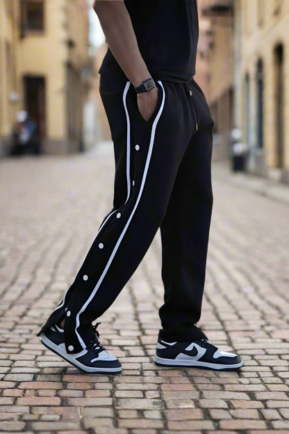 Men’s Snap Button Track Pants with Side Stripes – Retro Tearaway Style for Sports & Streetwear