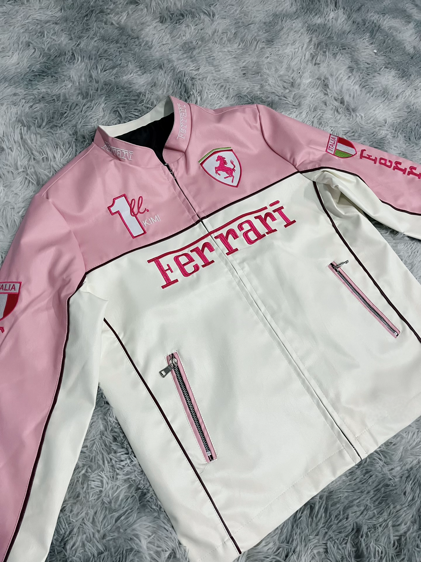 Front View of Limited Edition Pink Ferrari Leather Jacket – Premium Motorsport Fashion