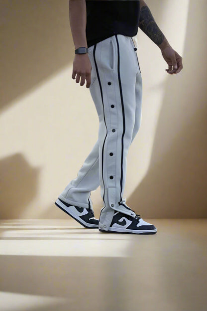 Men’s Snap Button Track Pants with Side Stripes – Retro Tearaway Style for Sports & Streetwear