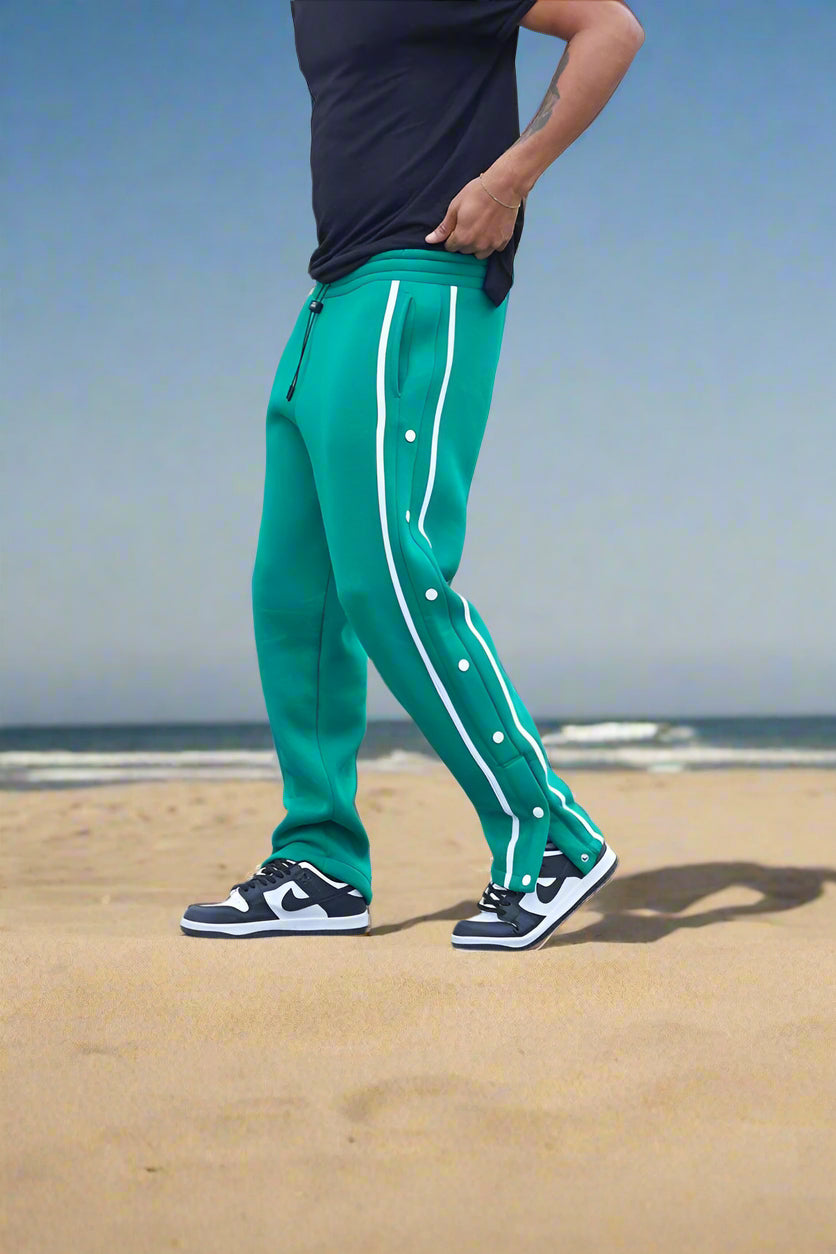 Men’s Snap Button Track Pants with Side Stripes – Retro Tearaway Style for Sports & Streetwear