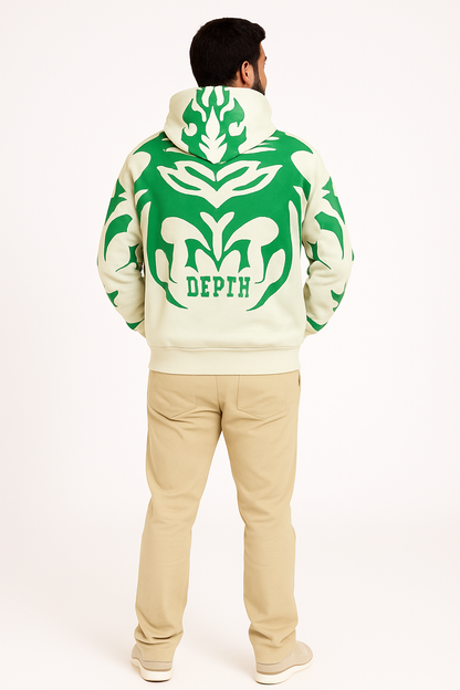 DEPTH delta Graphic Hoodie for Men & Women – Oversized Fit, Black Tribal Flame Design, and Sword Cross Emblem"