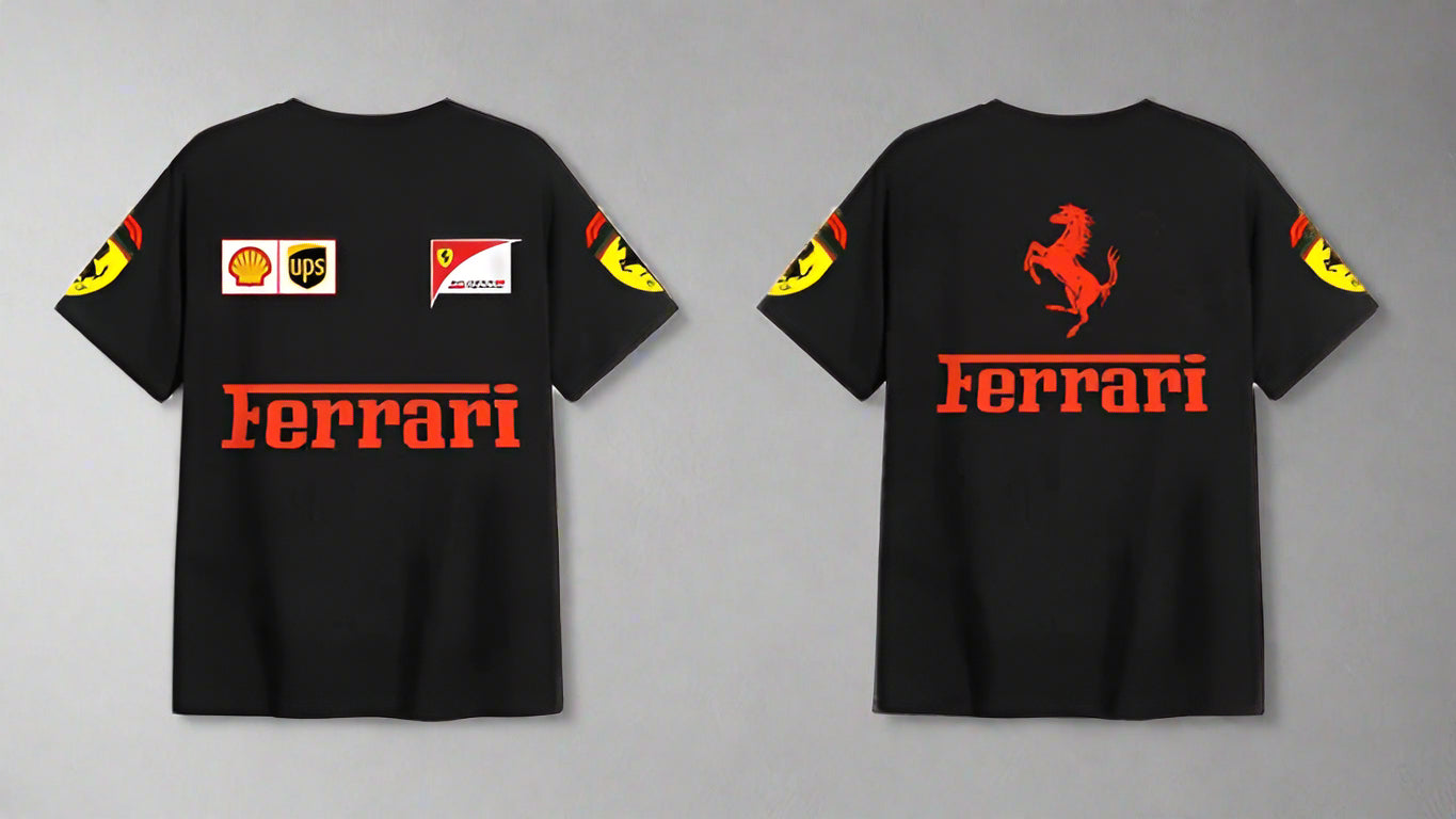 Premium Black Oversized Ferrari Racing T-Shirt with Scuderia Logos, UPS, Shell & Puma Branding – Unisex F1 Fan Apparel"