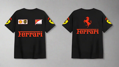 Premium Black Oversized Ferrari Racing T-Shirt with Scuderia Logos, UPS, Shell & Puma Branding – Unisex F1 Fan Apparel"