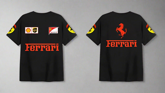 Premium Black Oversized Ferrari Racing T-Shirt with Scuderia Logos, UPS, Shell & Puma Branding – Unisex F1 Fan Apparel"