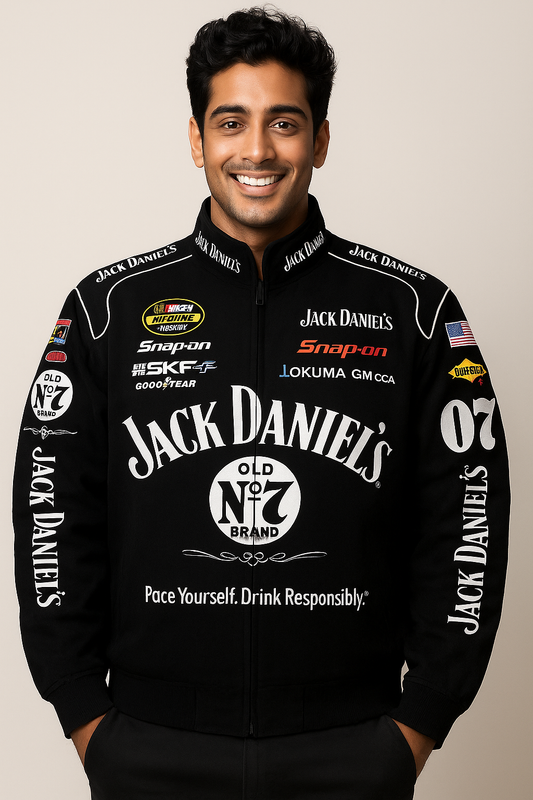 Jack Daniel’s Black Racing Jacket with White Stitching – Premium Bomber for Streetwear & Casual Wear