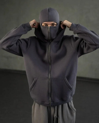 Side Profile of Balaclava Hoodie – Trendy GigaVibe hoodie with an attached balaclava, ideal for warmth and streetwear aesthetics