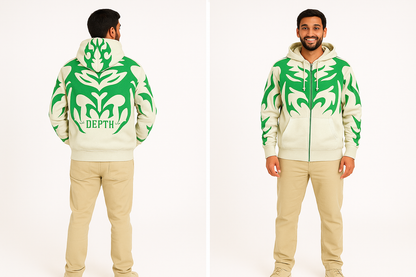 DEPTH delta Graphic Hoodie for Men & Women – Oversized Fit, Black Tribal Flame Design, and Sword Cross Emblem"