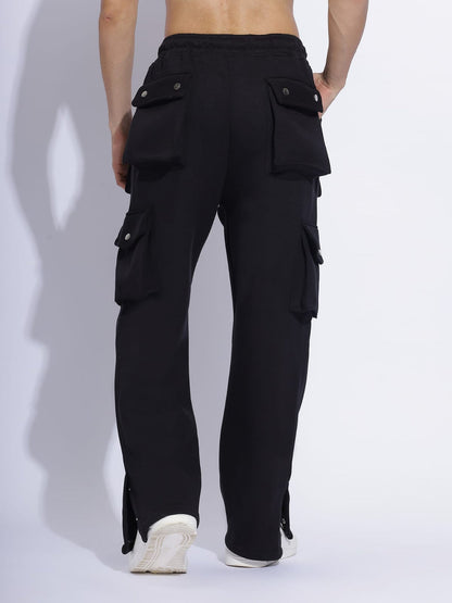 Heavy-Duty Black Cargo Pants with Snap-Button Detailing and Multi-Pocket Design