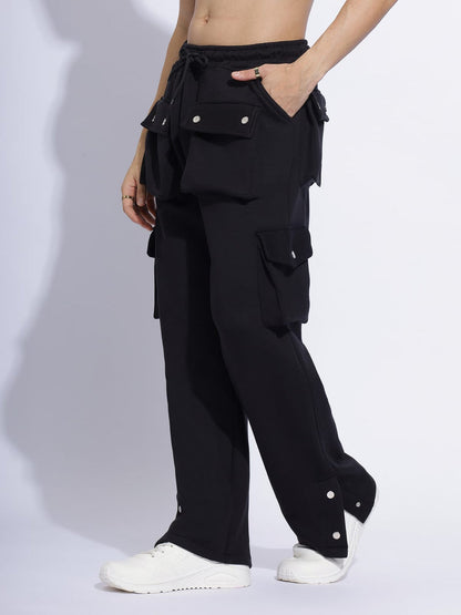 Heavy-Duty Black Cargo Pants with Snap-Button Detailing and Multi-Pocket Design