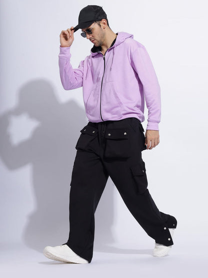 Heavy-Duty Black Cargo Pants with Snap-Button Detailing and Multi-Pocket Design