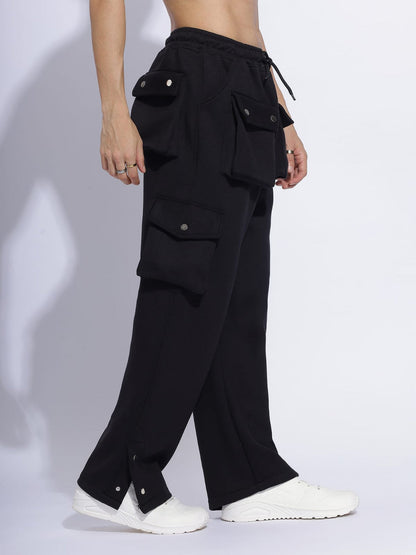 Heavy-Duty Black Cargo Pants with Snap-Button Detailing and Multi-Pocket Design