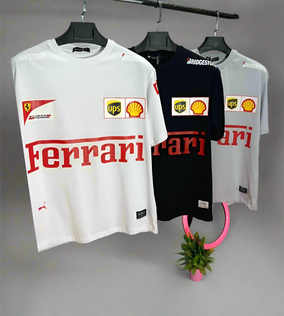 Premium Black Oversized Ferrari Racing T-Shirt with Scuderia Logos, UPS, Shell & Puma Branding – Unisex F1 Fan Apparel"