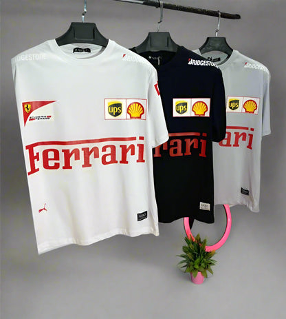 Premium Black Oversized Ferrari Racing T-Shirt with Scuderia Logos, UPS, Shell & Puma Branding – Unisex F1 Fan Apparel"