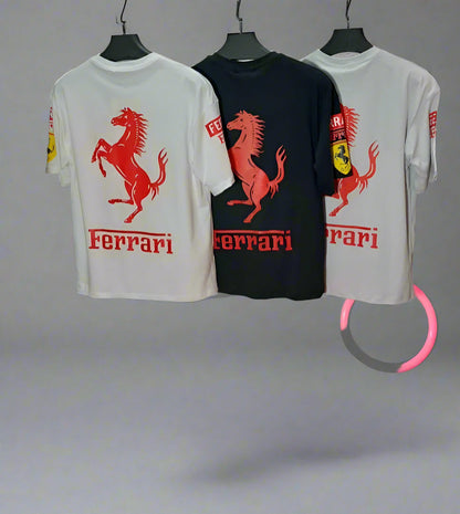 Premium Black Oversized Ferrari Racing T-Shirt with Scuderia Logos, UPS, Shell & Puma Branding – Unisex F1 Fan Apparel"
