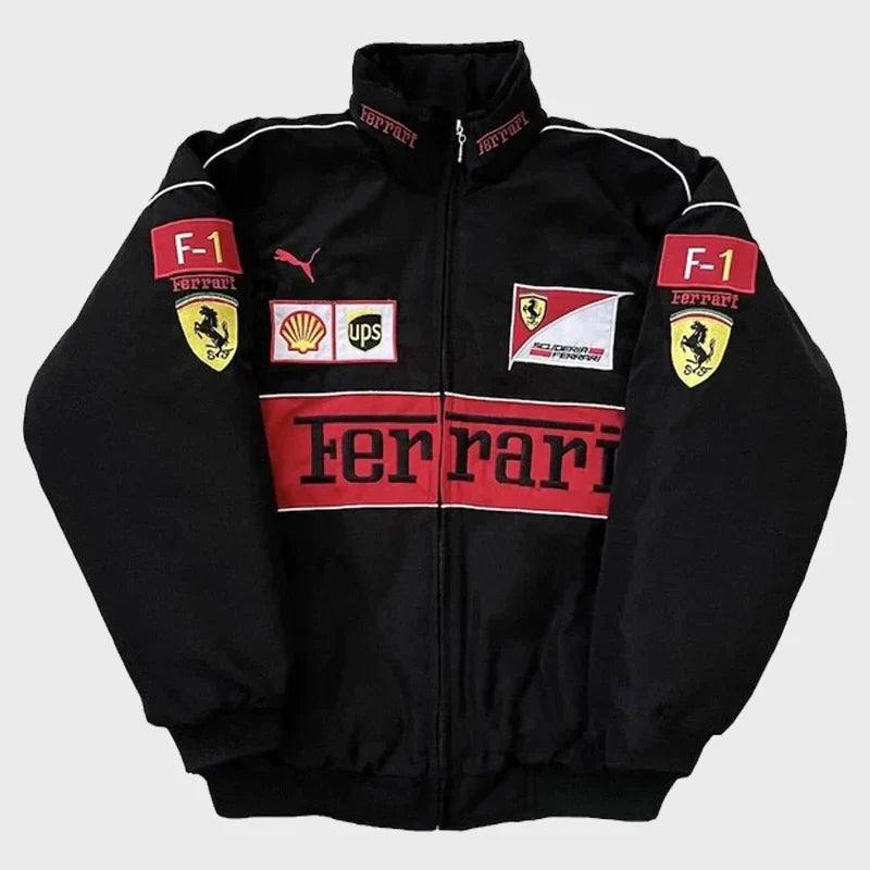 Premium Ferrari F1 Racing Jacket – Black Edition | Motorsport Style for Men
