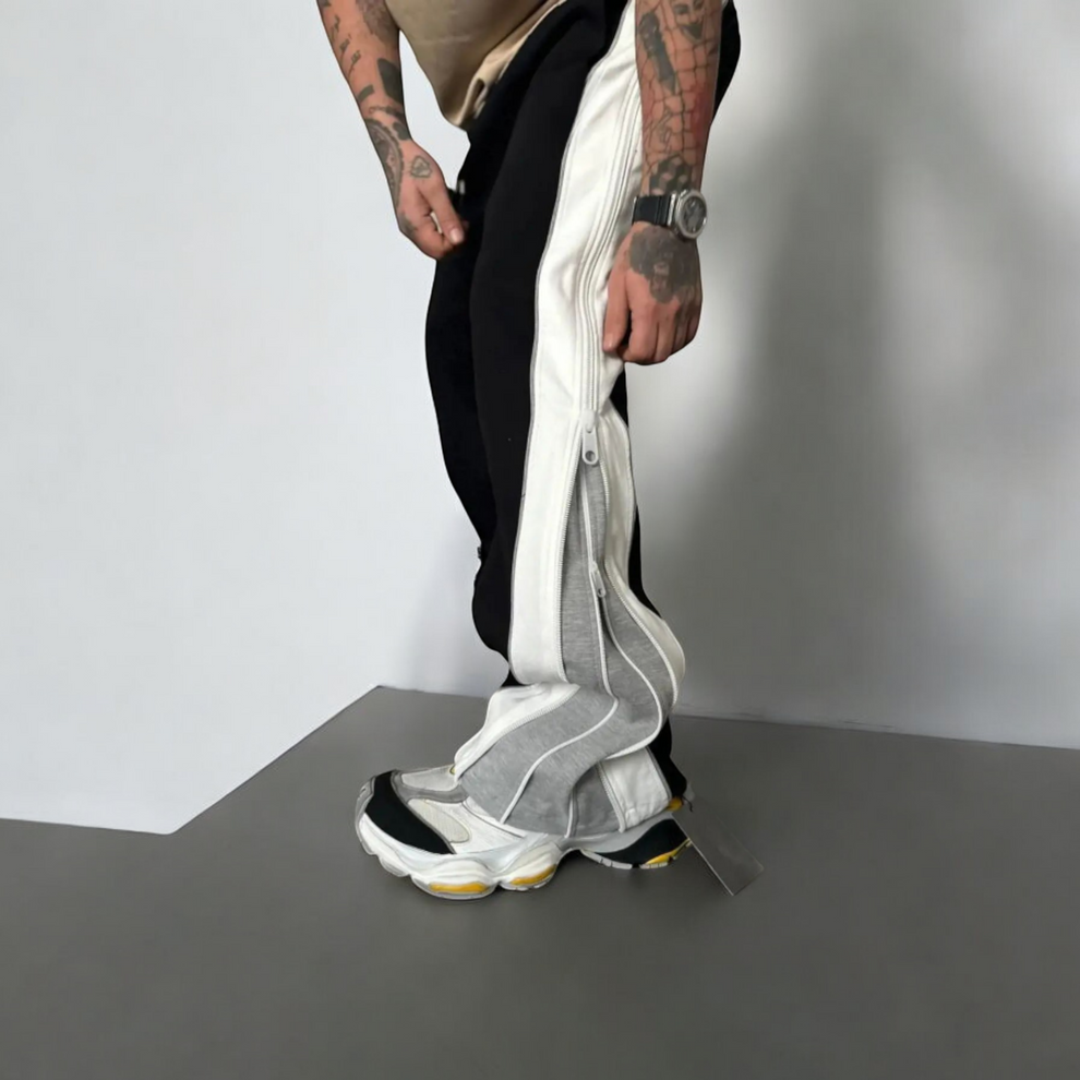 Three-Tone Layered Joggers for Men – Stylish Urban Sweatpants with Vertical Zip Detailing and Chunky Look