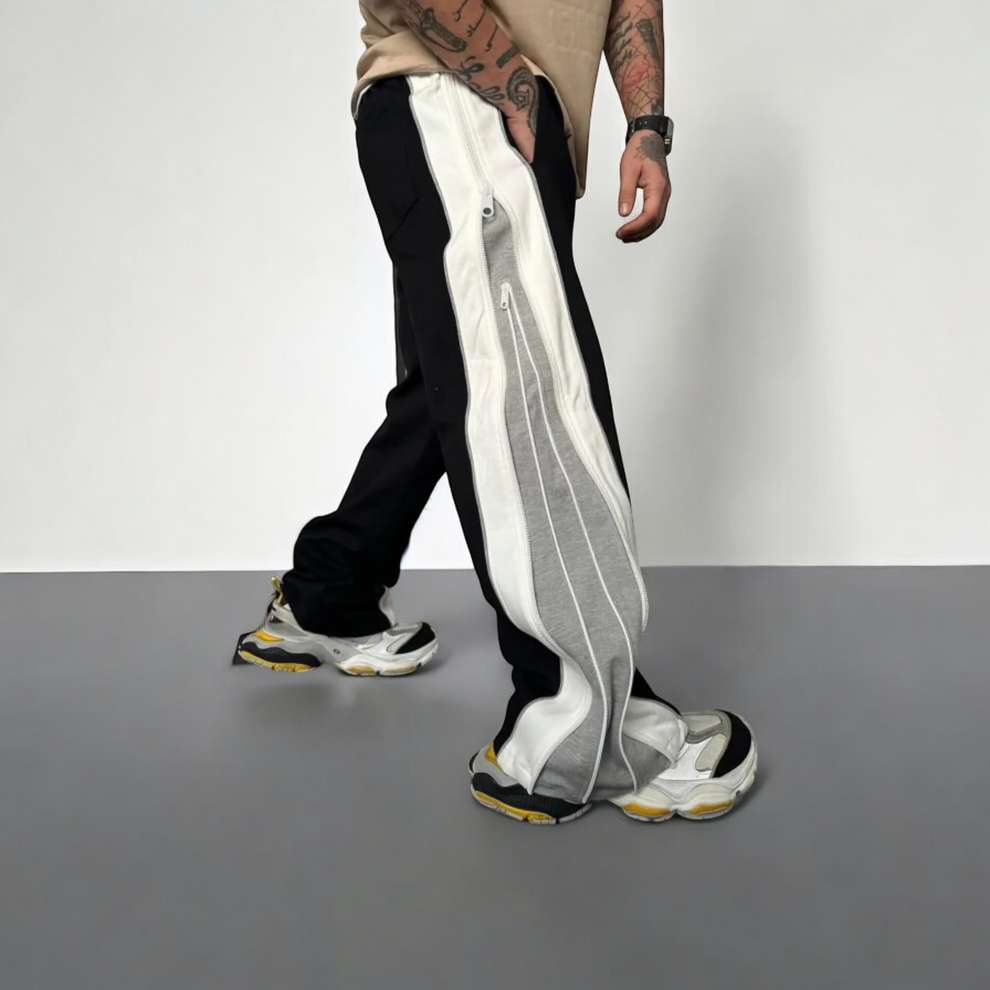 Three-Tone Layered Joggers for Men – Stylish Urban Sweatpants with Vertical Zip Detailing and Chunky Look