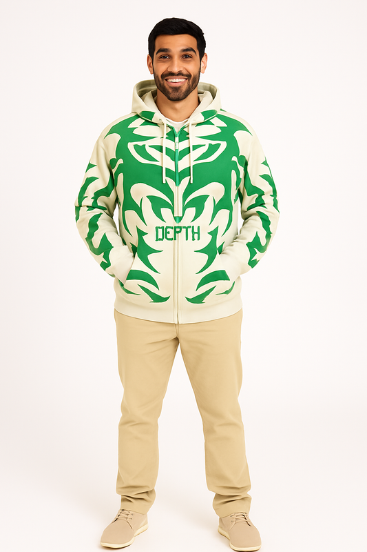 DEPTH delta Graphic Hoodie for Men & Women – Oversized Fit, Black Tribal Flame Design, and Sword Cross Emblem"