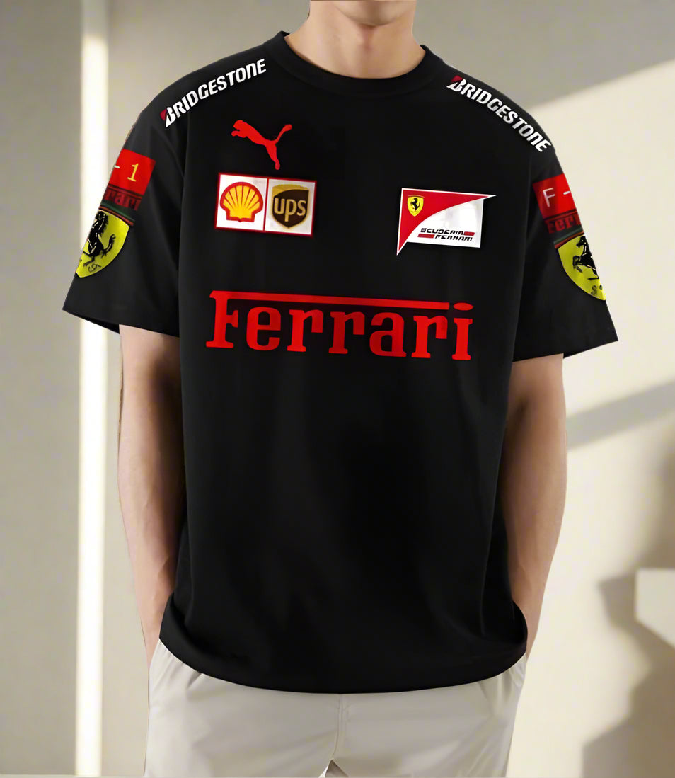 Premium Black Oversized Ferrari Racing T-Shirt with Scuderia Logos, UPS, Shell & Puma Branding – Unisex F1 Fan Apparel"