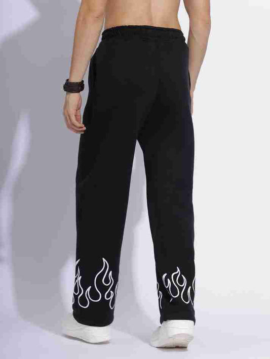 "Black Flame Print Joggers – Stylish Streetwear Pants with White Fire