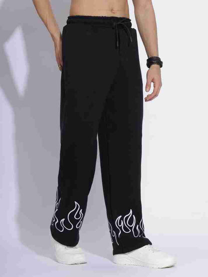 "Black Flame Print Joggers – Stylish Streetwear Pants with White Fire